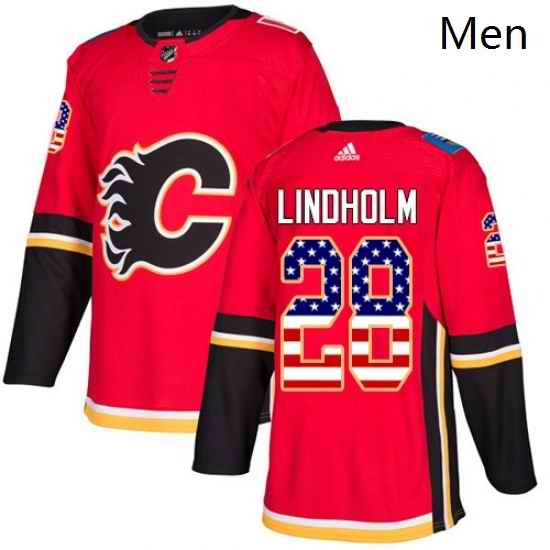 Mens Adidas Calgary Flames 28 Elias Lindholm Red Home Authentic USA Flag Stitched NHL Jersey